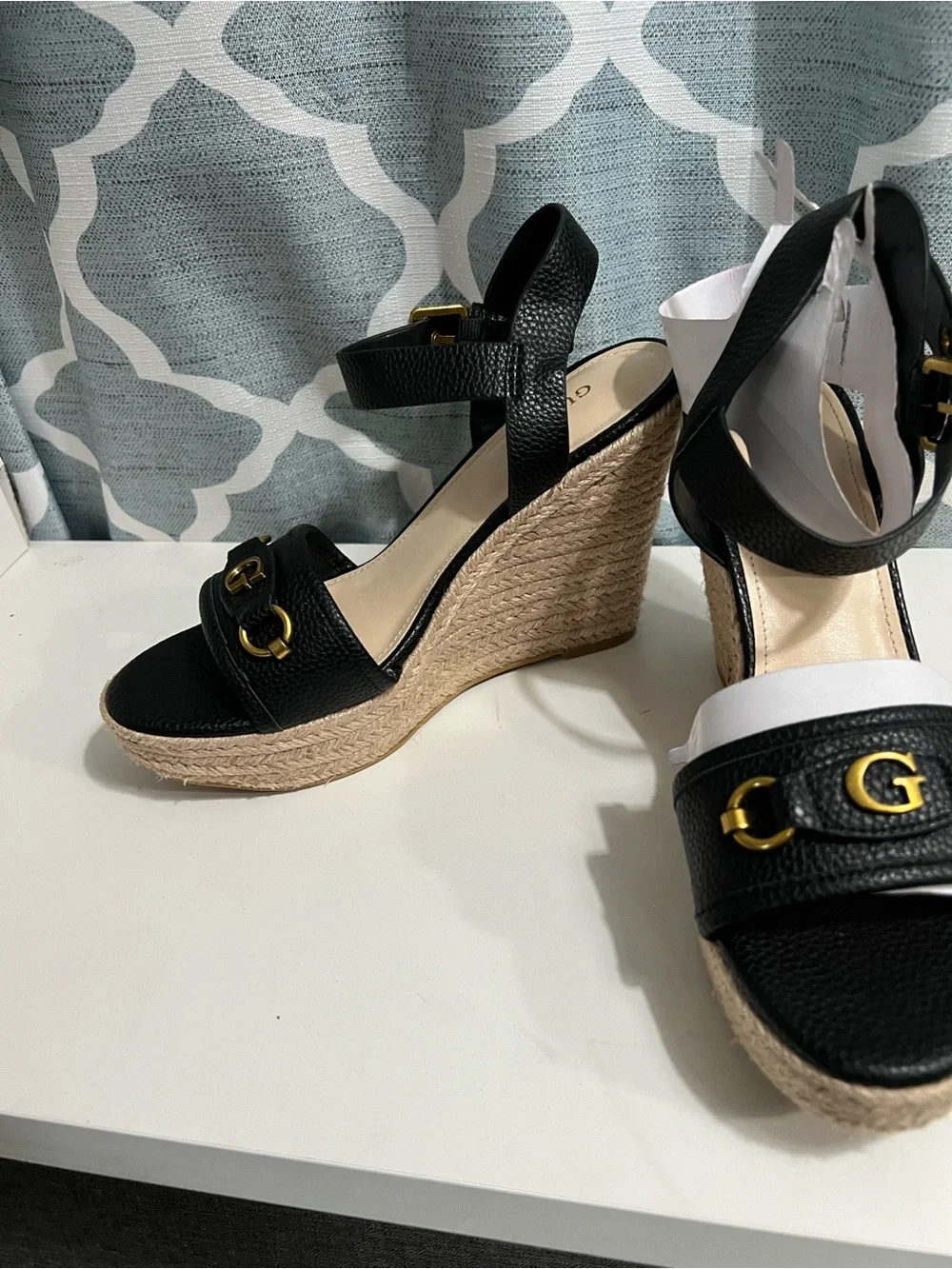 Guess Black Espadrille Wedge Sandals with Gold G Logo